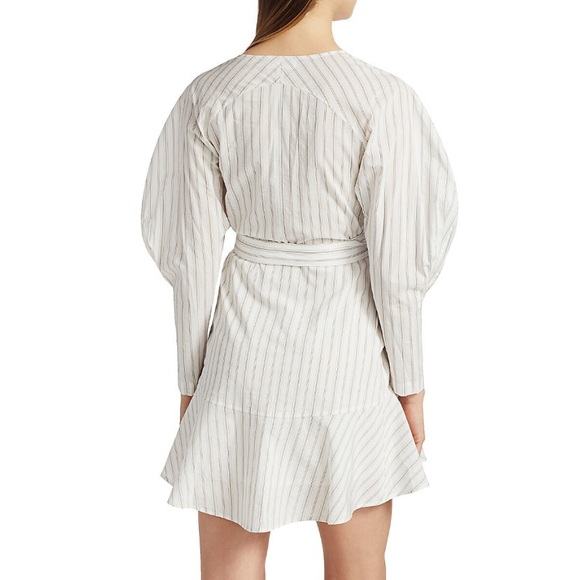 NEW A.L.C. Enzo Puff Sleeve Striped Poplin Wrap Dress (Sz 6) White Salmon - Picture 4 of 15